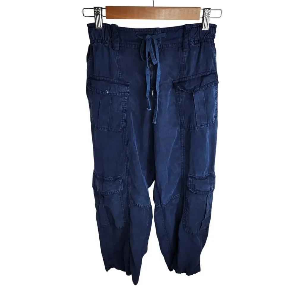 Zara Cropped Cargo Pants Womens Size Small Blue Lyocell Linen‎ Blend Altered Hem